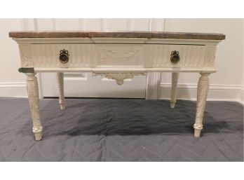 Louis XV Style White Wooden End Table With Marble Top