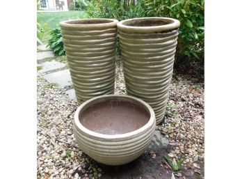 Glazed Ceramic Planters With Ribbed Design - 2 Large And 1 Short Planter