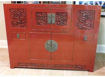 Vintage Red Metal Chinese Buffet - 2 Drawers And 2 Cabinets