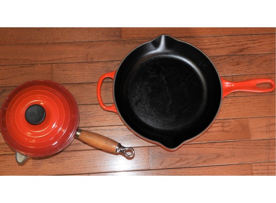 Le Cruset Red Enameled Frying Pan & Pot With Lid - Set Of 2