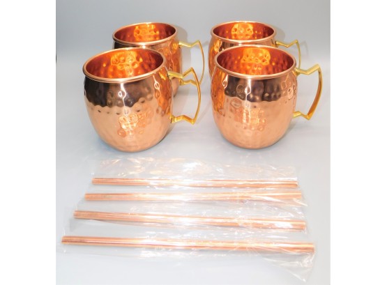 100 Solid Copper Hammered Moscow Mule Mugs & Straws - Set Of 4 - NEW