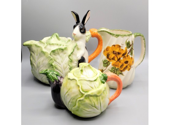 Assorted Set Of 3 Teapots & Pitcher - Bunny, Cabbage & Yellow Flowers