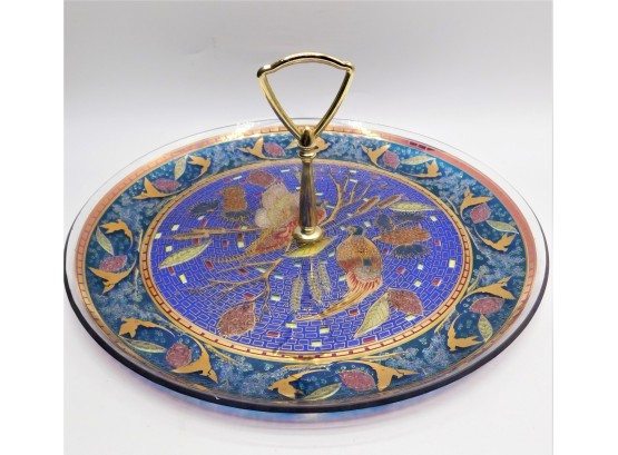 Lovely Blue Pheasant Print Dessert Serving Dish With Gold Metal Handle