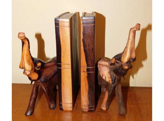 Stylish Carved Wood Elephant Book Ends