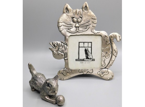 Pewter Cat Figurine & Cat Holding Fish Picture Frame