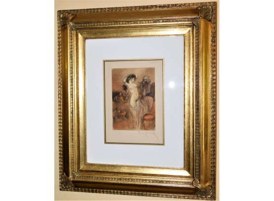 Signed Louis Icart Nude Woman Posing For Man In A Turban Nude Harem Woman Custom Gold Gilt Framed & Matted