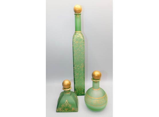 Green Glass Bottles With Gold Accents & Stoppers - Assorted Set Of 3