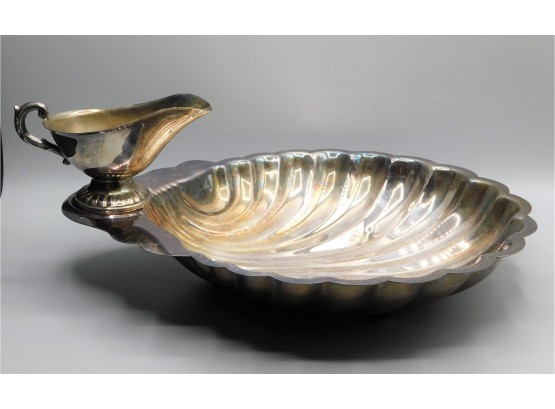 1930's CROSBY Silverplated Clam Serving Dish Tray/platter & Gravy Server