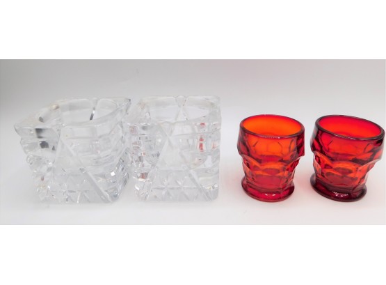 Glass Candle Stick Holders - Red & Clear Glass - Set Of 2