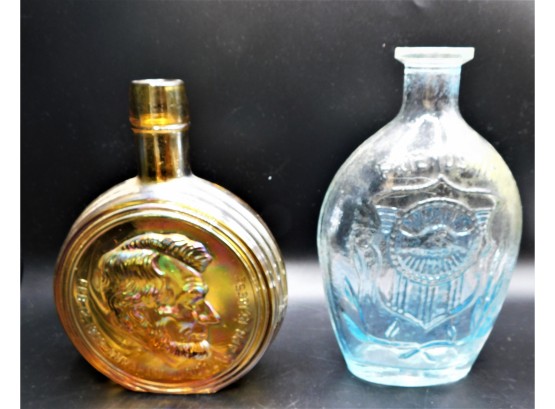 Vintage Colored Glass Decanters - Amber Abraham Lincoln & Turquoise Friendship - Set Of 2