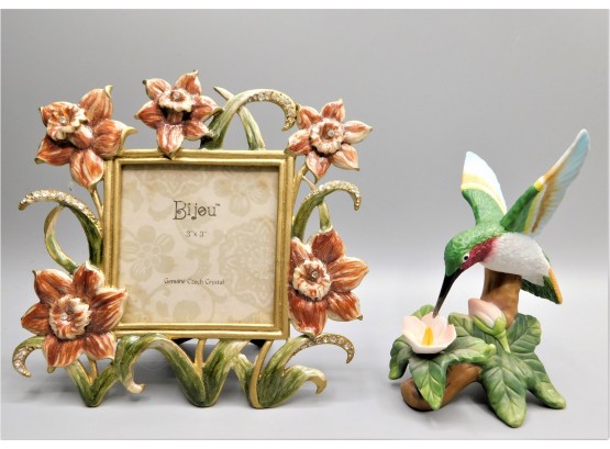 Hummingbird With Flower Figurine & Bijou Floral Picture Frame