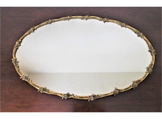Gold-tone Metal Roses Framed Oval Mirror Tray