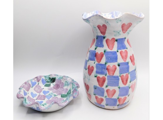 Ceramic Hand Painted Hearts/squares Vase & Dish - Assorted Set Of 2