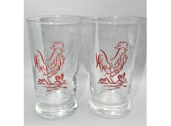 Vintage Retro Mid-Century 1960's Libbey Clear Red Rooster Drinking Glasses - Set Of 2