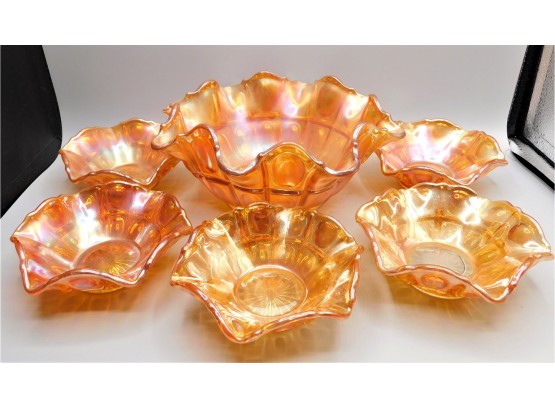 Orange Iridescent Ruffle Glass Bowl With 5 Smaller Bowls