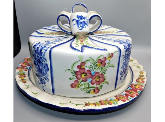 Jay Willfred Andrea By Sadek Covered Cake Plate Blue Pink Flowers