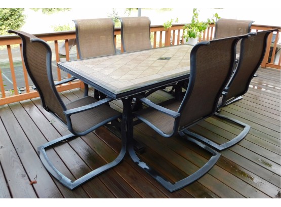 Outdoor Tile Top Patio Table & 6- Sunbrella Chairs