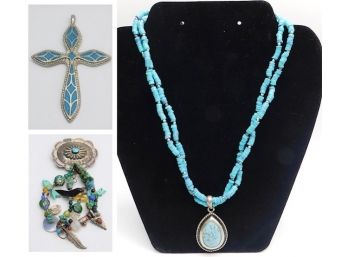 Costume Jewelry - Blue Beaded Necklace, Blue Stone Cross & Southwestern Pin - Assorted Set Of 3