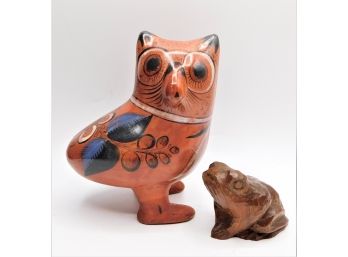 Wooden Frog & Ceramic Owl Figurines - Assorted Set Of 2