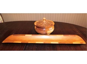 Wood Inlay Bowl With Lid & Long Wood Tray