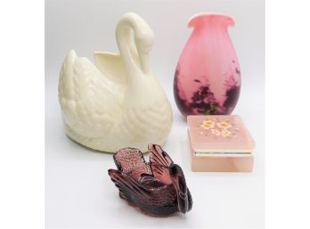 Two Swans, Floral Trinket Box & Pink/Purple Vase - Assorted Set Of 4