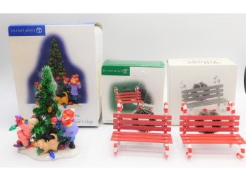 Department 56 - Everyone Decorates The Tinsel Tree & (2) Candy Cane Bench - Original Boxes