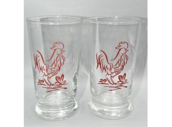 Vintage Retro Mid-Century 1960's Libbey Clear Red Rooster Drinking Glasses - Set Of 2