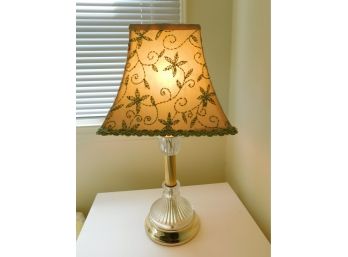 Glass & Gold Metal Table Lamp & Square Shade With Green Floral Stitching & Trim