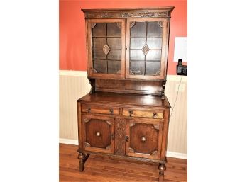 Stylish Vintage Carved Wood Hutch With Glass Doors On Top &  Bottom Storage Doors With Shelving Inside