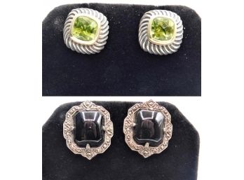 Sterling Silver Onyx/marcasite Earrings & Sterling Silver Green Stone Earrings
