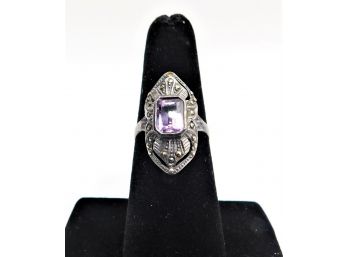 Sterling Silver Amethyst & Marcasite Ring - Size 7