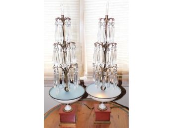 Stunning Vintage Waterfall Table Lamps With Lighted Base & Hanging Glass - Set Of 2