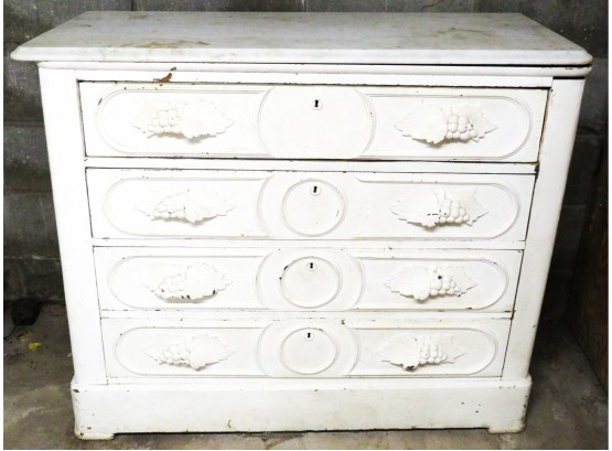 Charming Antique Dresser Grapes & Leaf Pull Handles - Marble Top 4 Drawers