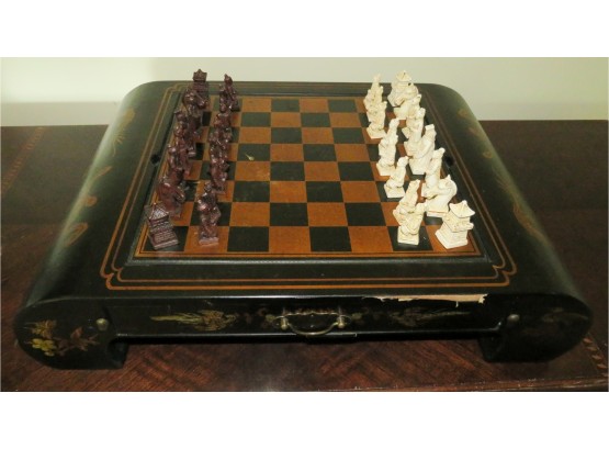 Rare - Vintage Chess Board/Backgammon Board W/ 2 Drawers - All Stone Chess Pieces Accounted For