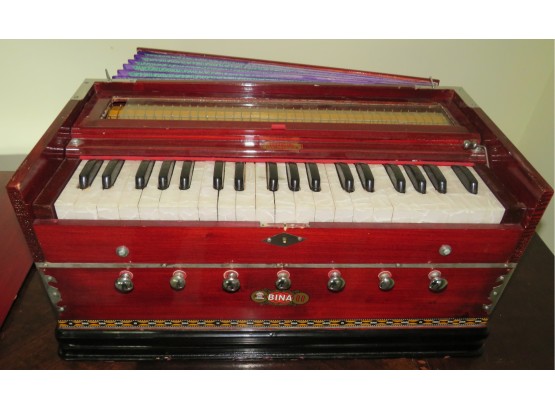 Bina Harmonium, No. 9A, In USA, 7 Stops, 3 12 Octaves, Rosewood Color, Coupler, Special Double Reeds