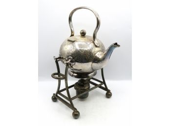 Antique Spirit Kettle On Stand - Decorative Silver Plated Tea Pot - 1886