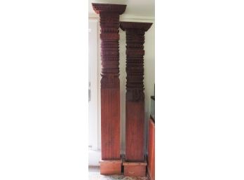Rare - Pair Of Antique Tibetan Carved Columns - L11.5' H8' 5' X D8.5'