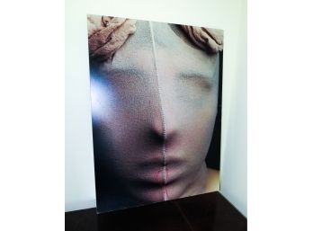 Large Contemporary Photograph Of Masked Woman -  Mounted On Wooden Frame - One Corner Bent
