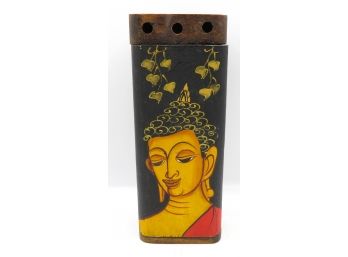 Lovely Wooden Incense Holder - Hand Painted Buddha - Damage Photographed