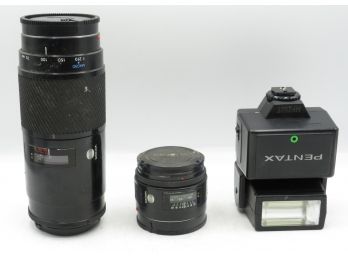 2 Vintage Minolta Lenses - 24mm Prime & 70-210 Zooom Lens   & 1 Pentax Flash