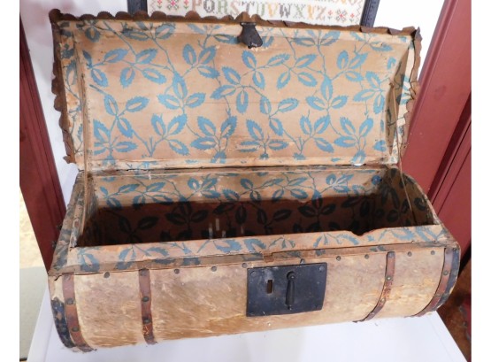 Antique Leather Covered Wooden Trunk With Floral Lining