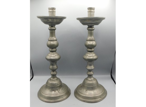 Set Of 2 Tall Polished Pewter Squat Bell Base Candlestick Holders