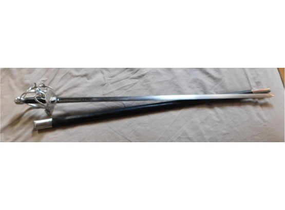 Decorative Sword With Silver Tone Hilt And Leather Sheath