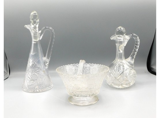 Small Cut Glass Punch Bowl And 2 Decanters - Lot Of 3