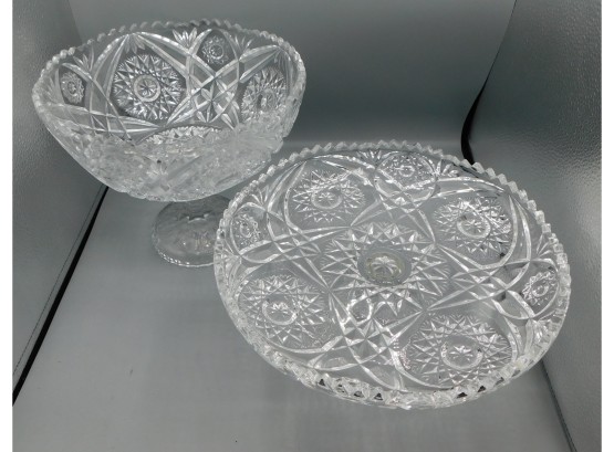Large Cut Glass Cake Tray And Stemmed Punch Bowl