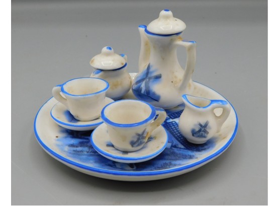 Miniature White And Blue 8 Piece Tea Set, Made In Taiwan