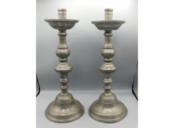 Set Of 2 Tall Polished Pewter Squat Bell Base Candlestick Holders