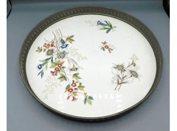 Vintage Round Ceramic Serving Tray With Floral Accents And Metal Rim