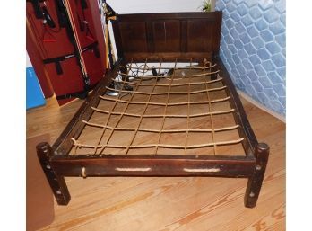 Antique Jacobean Oakwood Rope Bed Frame With Rope Tightening Wrench
