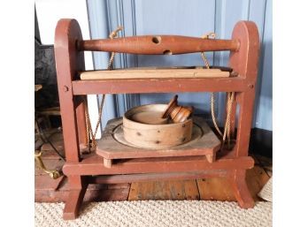 Antique 19th Century Wooden Rope Type Cheese Press With Wooden Cheese Form